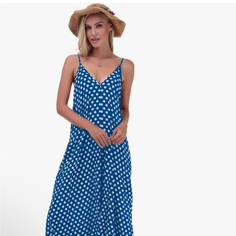 LILBETTER S NWT ROYAL BLUE WHITE POLKA DOT ADJ STRAP POCKETS HI/LOW MAXI DRESS